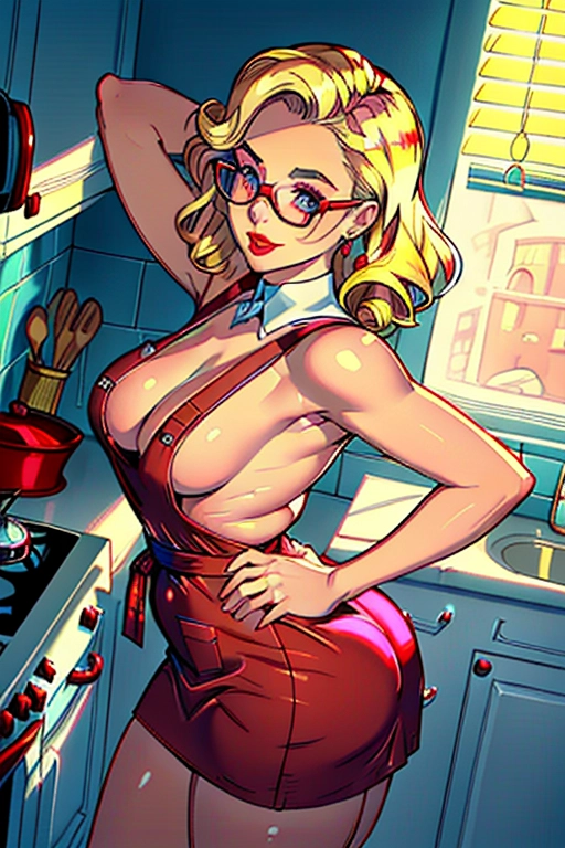 1950s, sweet, submissive, christian, housewife, mom, cute, straight blonde hair curled tips, cute forehead, dark eyebrows, happy blue eyes, eye glasses, concave nose, soft gaunt cheeks, full lush red lips, cute button chin, thin neck, curvy build, wearing nothing but a cute red and white checkered cooking apron, naked underneath, pink panties dropped down to ankles, cute widdle breasts, thin waist, full thighs, thicc ass, throbbing brown anus, smooth legs, cute feet, standing in the kitchen, cooking, flashing me her ass, ((high definition)), ((4k quality)), ((excellent lighting)), ((great shading)), ((pristine detail)), ((very clear picture)), ((beautiful vibrant colors)), ((accurate at lower prompt guidence)), ((ultra realistic)), (((five fingers per hand))), (((two arms))), (((two legs))),