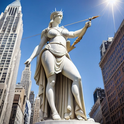 low-angle perspective of a colossal, 1000-meter tall statue of a female Archer, the young goddess Artemis, majestically dominating the water ways of New York Harbor. Crafted from gleaming white marble, accented with intricate bronze details, the statue grandeur is enhanced by the dramatic lens flare emanating from behind her by the late afternoon sun, her buxom physique largely exposed, emphasizing her giant enormous gravity-defying breasts