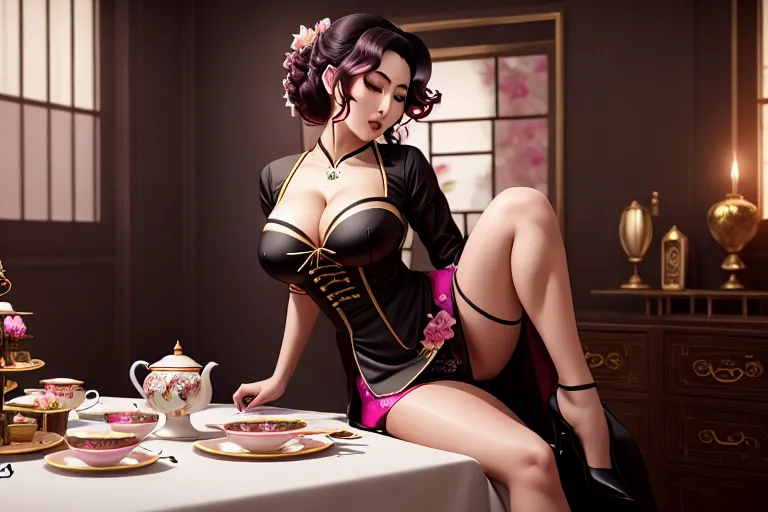 a digital painting of,inori yuzuriha,wearing ao dai,kneeing,in a tea party,amazing breasts,five slender fingers,curly hair,gorgeous face,beautiful lips,black eyes,curved eyebrows,curved eyelid,joyful,tattoo,editorial,surreal,8k,artstation,unreal engine