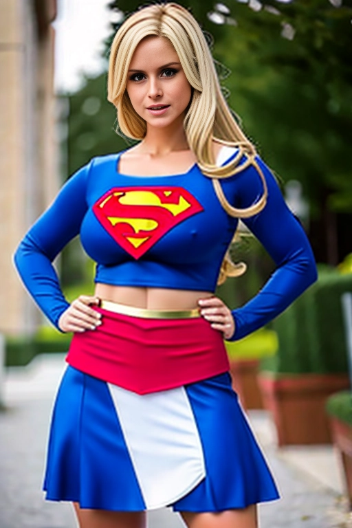 Cleavage, realistic face, blonde hair,sexy pose,super girl cosplay,massive thighs,full body,hyper-realistic,mini skirt