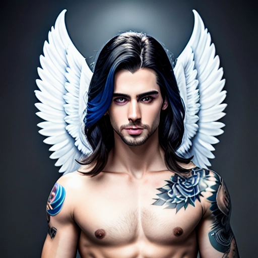 a 8k high detail photo full body shot, Male, Dick ,five slender fingers ,silky hair ,beautiful face ,beautiful lips,blue eyes,curved eyebrows,curved eyelid,pale skin,satisfaction,tattoo,ultra realistic,smooth,8k,studio lighting,surreal, Angel Wings, Angelic Lighting, Love, Hope,