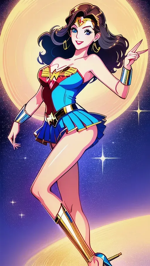 digital art of Lynda Carter drawn as Wonder Woman with elegant long legs, mini skirt, stiletto heels, and happy smile, she has soft lips and detailed sparkling blue eyes, intricate hands, the background setting is night time moonlight, detailed hands