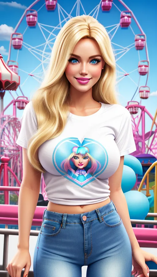 Young cute Girl,
Barbie,
Cute face,
Blue eyes,
Cute Smile,
Slightly tanned skine Tone,
Amusement Park,
Ferris wheel,
Cotton Candy,
Cute T-Shirt,
Short Jeans,
Realistic,
Masterpiece,
Ultra high Quality,
4k,
HD,
Thin waist,
Skinny,
Big boobs,
Blonde Long hair