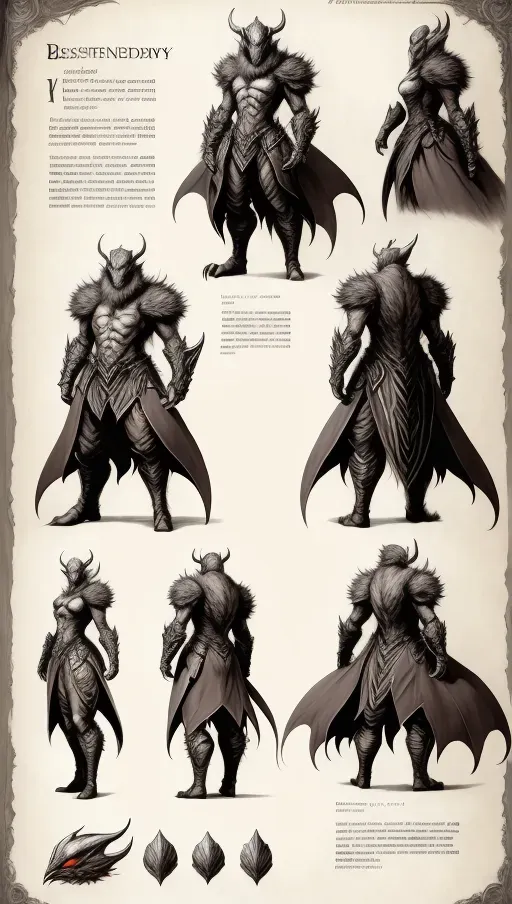 Highly detailed costume, (Video game character design sheet) View from all side character. High quality design masterpiece of ((bestiary style layout page))