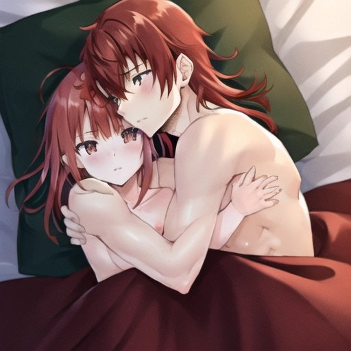 <lora:sleep_hug:1> ((naked cuddle)), (small red head woman), man, high quality, high detailed, blanket