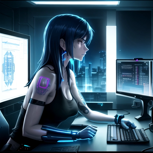 Medium shot, side profile, soft blue Ambient light of a highly detailed beautiful, thin Cyber punk female with blue black hair, her hair is hanging down on the farside of her face, sitting in front of a computer monitor leaning forward on her arms, at a desk with a tank top on showing cleavage and a lot of tattoos on her upper and lower arms. Dark background with a cyberpunk city skyline in the window and a blueprint on the wall, she has a bracelet on her wrist and is wearing earrings on her ears