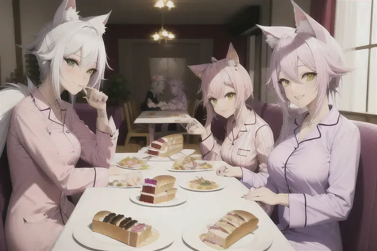 4 cute catgirls, pink and white hair, tail, arm tattoos, piercings, pink and purple pj shirt, pj pants, eating sandwichs, at a table, in a dinning room