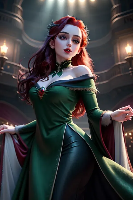 Disney,wide eyes,European,Anna of Arendelle,blood trickling from bite on neck,neck high green velvet modest dress with fold over flap,separate Count Dracula in black and red embracing from behind his fangs upon her neck,modest breasts,five fingers per hand,sweet face, beautiful lips,curved eyebrows,straight auburn hair, medium long hair, theateric dramatic club lighting,ultra realistic,pixiv,unreal engine,bokeh, fingers on arched neck, Frozen 2