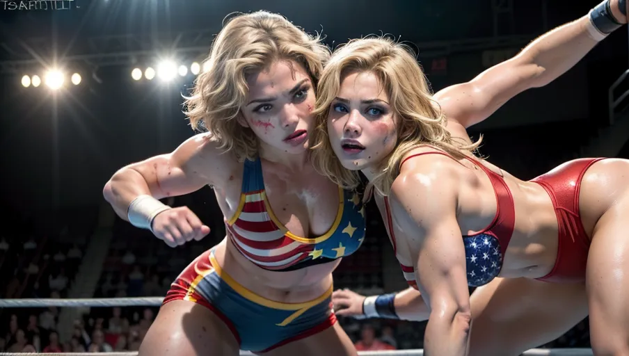 A professional photograph, ((2women wrestling stars)), (1 hot blonde woman), (1 hot brunette woman), in (american flag bikini), posing in a wrestling arena after a hard battle, (<lora:american_flag:1>), short messy hair, ((bruises:1.3)), perfect breast, beautiful (bright blue) eyes, beautiful lips, beautiful face, highly detailed, ((cheerful crowd)) around the arena is taking photos with their flash on, ((flashes:1.3)), perfect hands, five fingers per hand, ((sport atmosphere)), cinematic lighting, ((cinematic composition)), 32k, HDR, highest quality, highest resolution, (photorealist:1.72), (photorealism:1.72), (masterpiece:1.18), --s 750 --v 5.2