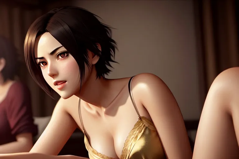 a digital painting of,mikasa ackerman,wearing nightie,sitting,at the party,small breasts,five slender fingers,short thick hair,gorgeous face,beautiful lips,brown eyes,curved eyebrows,joyful,wearing golden ring,professional,editorial,8k,bokeh,unreal engine