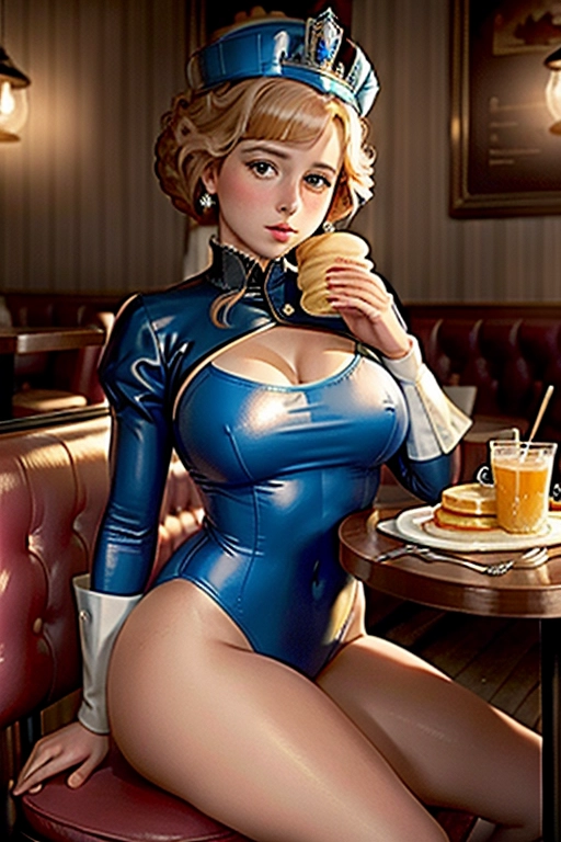 gorgeous young Queen Elizabeth II, beautiful face, blue leotard, sitting in a pancake restaurant, large stack of pancakes in front of her