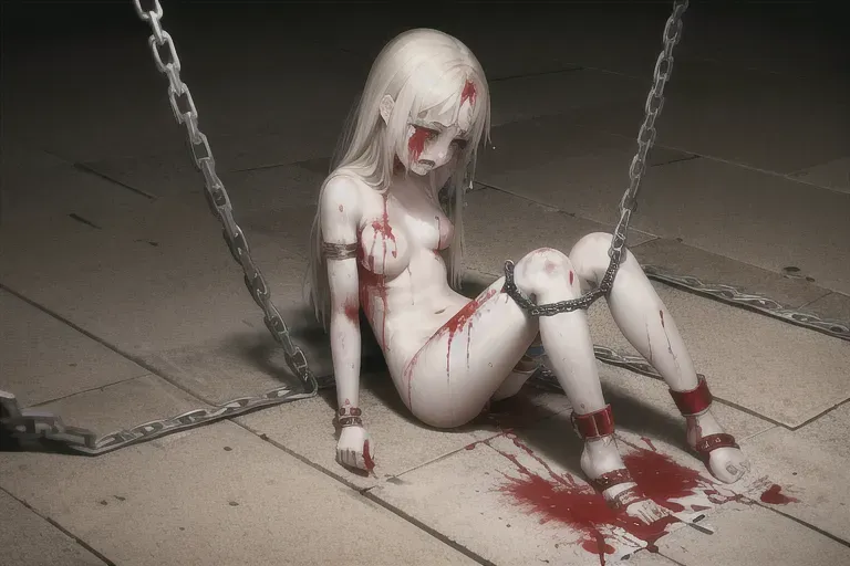 naked girl being chained and and bruised, crying, bleeding, bloody, blood