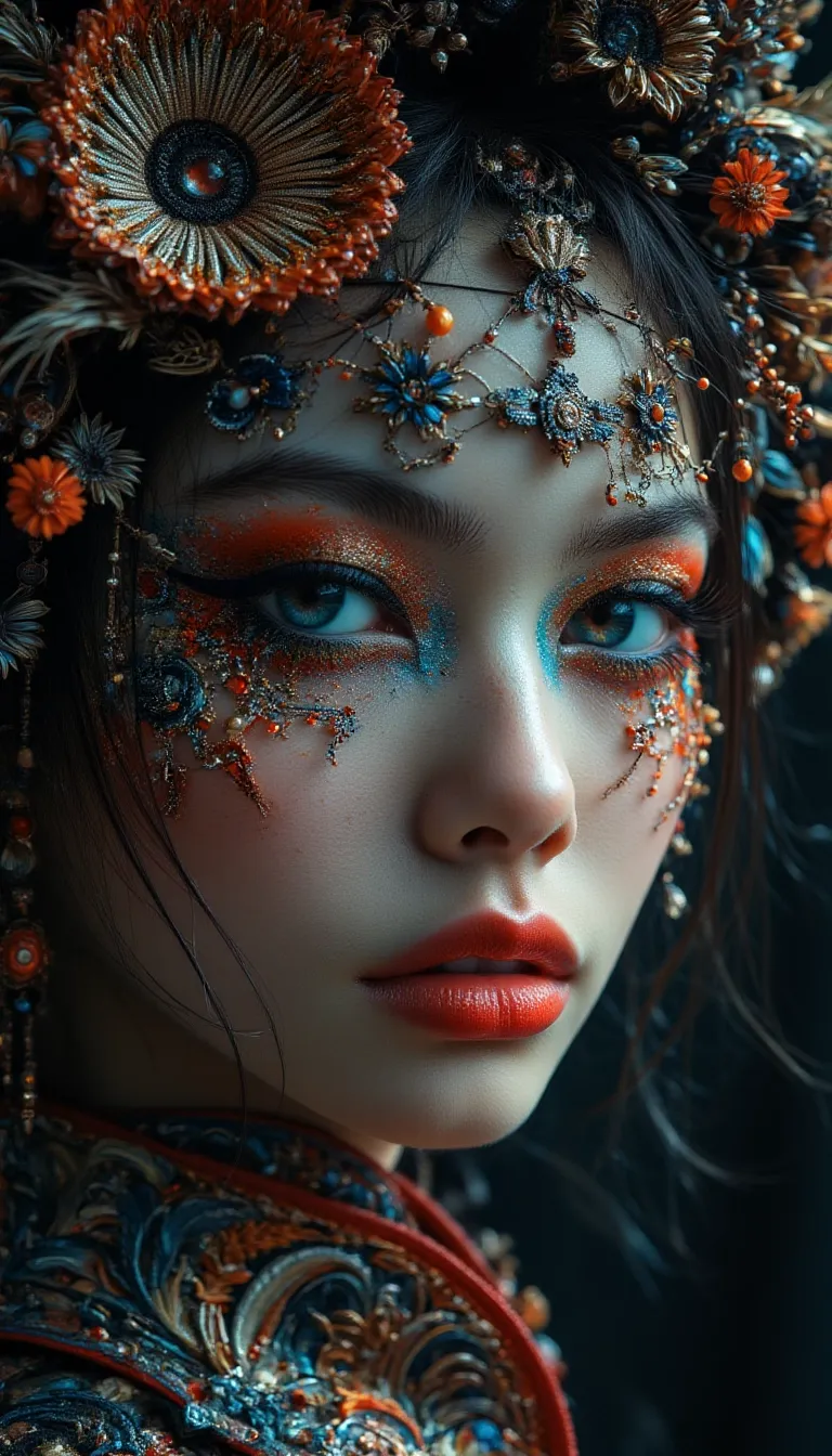 A hyper-realistic portrait of a stunning supermodel, featuring a beautifully detailed face with intricate. The image blends futuristic and traditional elements with a neo mode, avant-garde style, characterized by delicate and sleek lines, vibrant colors, and exquisite details. The modelâs eyes captivate with complex colored irises, while her unique, crazy hairstyle adds to the surreal and mysterious charm. The overall composition is symmetrical and fluid, with an ethereal and timeless aura. The interplay of light and shadow enhances the high-fashion aesthetic, capturing the essence of cyberpunk and folklore in a visually striking and artistic statement, Midjourney_Whisper
