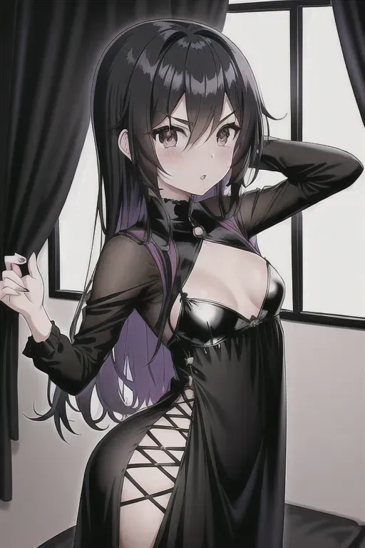 a photograph of,an anime girl,wearing goth clothing,arched back pose,in the bus,small breasts,five slender fingers,wavy curtain bang,gorgeous face,beautiful lips,black eyes,curved eyebrows,curved eyelid,satisfaction,wearing golden ring,smooth,cgsociety,studio lighting,highly detailed,pixiv