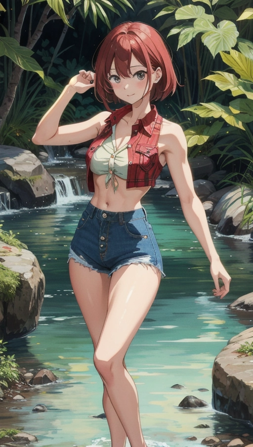 Fit muscled thin young hillbilly woman playing by the creek, country background , (((mostly nude))), revealing undersized tight micro short shorts, tight undersized tied off red checkered button up crop top