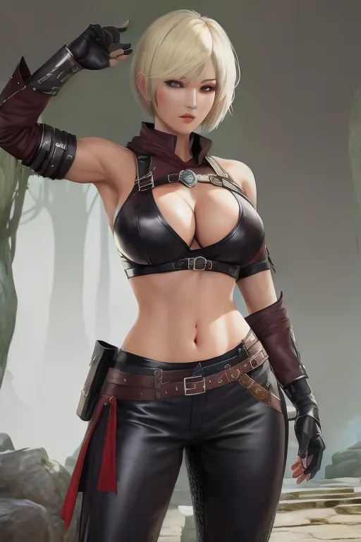 black desert online, fantasy human female martial artist, blonde short bob cut hair, black pants with straps, exposed stomach, black trousers with straps, dark red top, martial artist gloves, beautiful mature face, gray eyes, slightly tanned skin