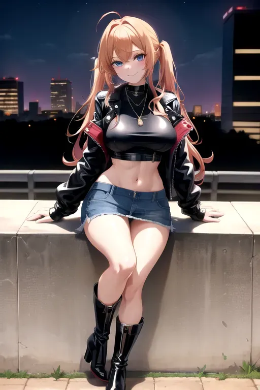 full body, strawberry blonde hair, hazel eyes, short girl, denim miniskirt, black high heeled boots, looking at viewer, long hair, pale skin, silver necklace, black crop top, 24 years old, giant breasts, cute face, pov, wavy hair, city environment, Oklahoma City, wide eyes, erotic, skirt tug, leather jacket, nighttime, black backpack, slim body, low pigtails, sitting on wall, smiling
