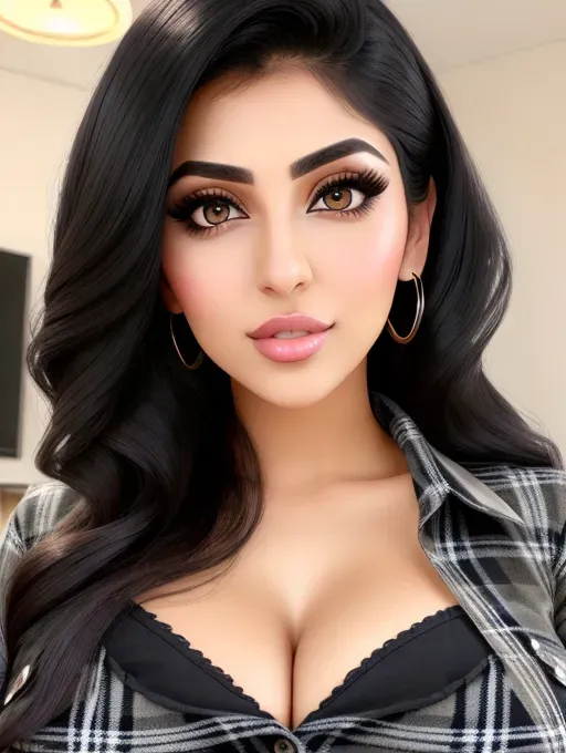 Gorgeous young Iranian woman, photo cute attractive young face, large wide doe eyes, light colored eyes, big bimbo lips, huge gigantic boobs, (gigantic tits), raven-black hair, sexy, thin, slim waist, tight flannel shirt, photorealistic, best quality, ultra high resolution