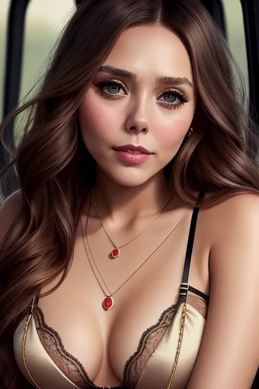 a photo shot of,elizabeth olsen,wearing lingerie,doing sexy pose,in the bus,five fingers per hand,charming face,beautiful lips,brown eyes,curved eyebrows,curved eyelid,smooth skin,peaceful,wearing necklace,bokeh,cgsociety,artstation,8k,smooth