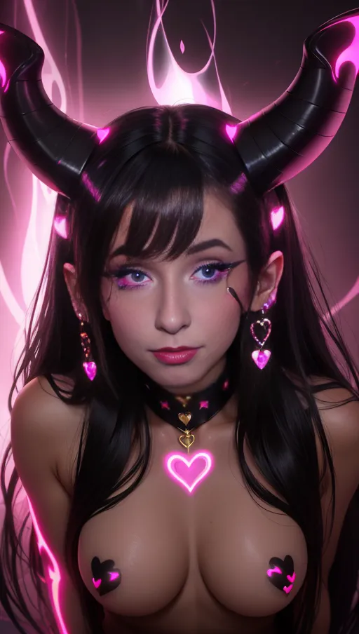 best quality, (((ultra high res))), (detailed face and eyes), ((hearts)), perfect face, ((big heart pasties)), heart choker, golden earrings, jewelry, golden heart necklace, (((succubus))), black horns, lipstick, seductive scent, ((gentle touch)), pleasure, orgasm, seductive, charming, Lust, Penetration, straight hair, (face closeup), (((dark black hair))), ((((glowing pink eyes)))), small tits