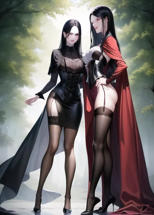 (masterpiece), absurdres, smooth, soft lines, soft edges, perfect edges, (soft lighting), (soft glow), perfect anatomy, detailed background, hair with great details, perfect eyes, perfect face, (looking at viewer), 1girl, sexy milf, forest room background, full body view,
((beautiful woman with long black hair)), flowing hair, lip gloss, full body view, lipstick, long eyelashes, standing hand on hip, smug smile, cloak, ((laced blouse)), corset, long skirt, ((stockings)), tall, slim,
(Black hair), blue eyes, ((pale skin)), ((flushed cheeks)), thick thighs, erotic, ((small breasts)), sensual, simple
background, muscular arms, athletic body, narrow waist,
