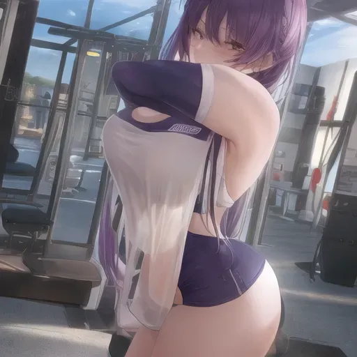 wide shot, 25 year old, a priest, insanely beautiful, gym outfit, purple, beach, daytime, studio light, happy, 8k, professional
