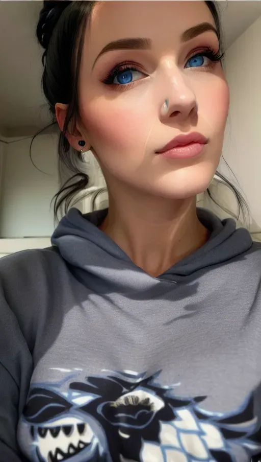 Detailed lips, black hair, blue eyes, big breast, hoodie, hair in bun,