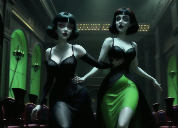 two ladies in a dark atmospheric modern goth nightclub, Dakota Fanning as Mavis Dracula of Hotel Transylvania in tight black revealing attire and hypnotic red glowing eyes, dancing the night away with beautiful good auburn haired Elizabeth Lail as Anna of Arendelle in a modest light green royal gown. Photorealistic, b-horror film screencap,