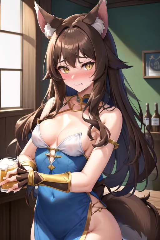 best quality, highres, ultra-detailed, wolf, wolf girl, wolf_ears, wolf_tail, fluffy_ears, fluffy_tail, ((long tail)), (((darkbrown_hair))), yellow-brown_eyes, (((small_breasts))), covered_breasts, upper_body, lower_body, cleavage, very_long_hair, (((detailed hands))), (((good hands))), all fingers, only two hands, 18, young aduld, highly detailed, wide shot, tavern, (holding one jug of beer), tavern, adventurer outfit, well dressed, blue dress, isekai, cute, innocent, blush, (((shy))), happy, standing behind a counter, (((correct anatomy))), medival, ((sfw)), safe for work, clothes, adventurer clothes