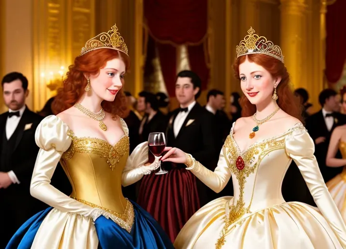 amidst the revelry of a grand late eighteen hundreds masquerade ball, where everyone is wearing ornate masks, a clumsy servant trips spilling red wine on beautiful, auburn haired, round wide blue eyes Queen Anna of Arendelle wearing a satin, pearl and gold mask, and a pristine white heirloom ball gown. An opportunistic Marquies De Sade looking on. photorealistic. High resolution