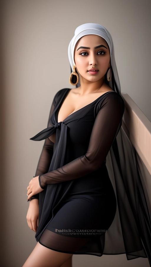 professional photograph of a 20 years old indian ((hijab)) girl exposing deep cleavage and thick thighs,
cute face, cute eyes, realistic cute face, highly detailed cute face,
highly realistic cute face, reflective eyes, cute eyes,
deep cleavage,
black cloths,