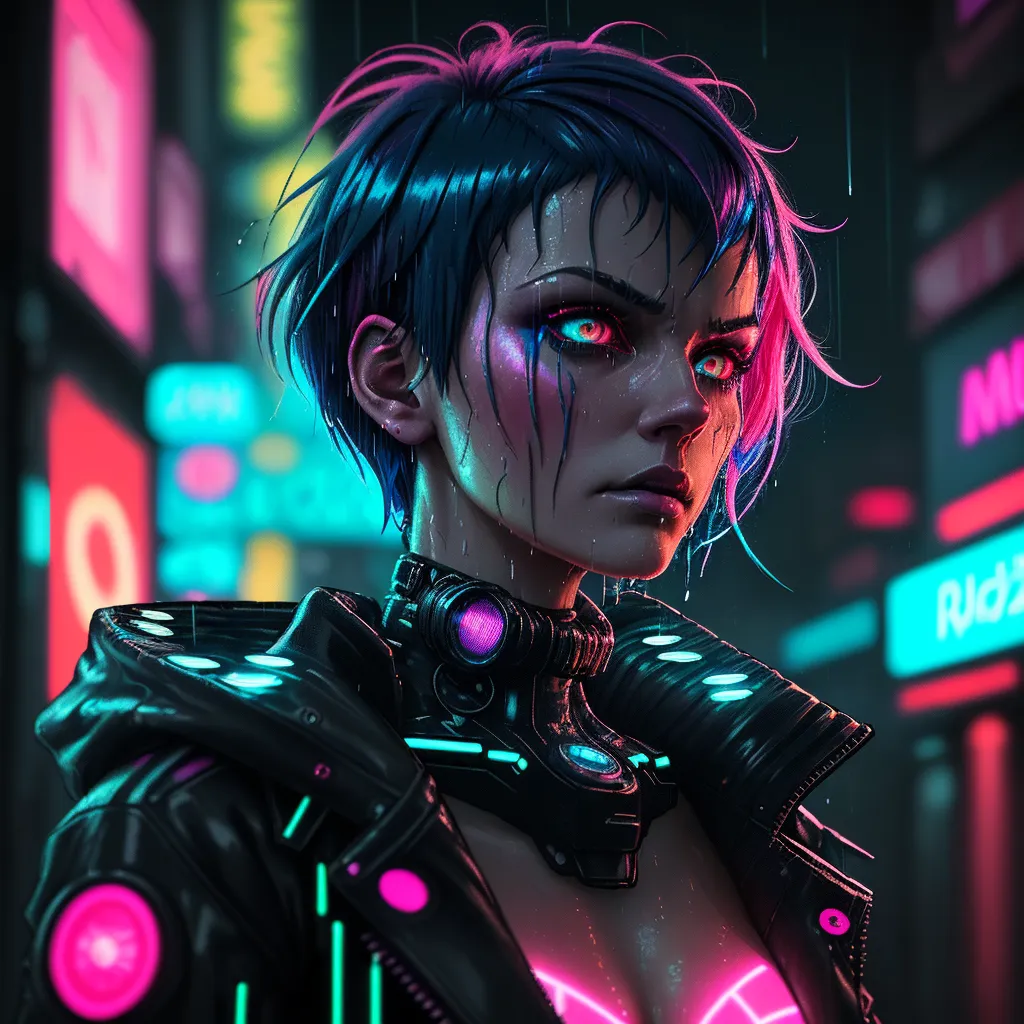 digital art, cyberpunk style, close-up of a woman with short blue hair, wet and shiny, rain falling in front of her face, red neon lights illuminating her face and hair, yellow eyes with a glowing effect, wearing a dark jacket with red neon Japanese text, serious expression, background blurred with more neon signs, high contrast, moody and atmospheric, glowing red and pink light reflections on her face and jacket, detailed textures on her skin and hair, raindrops visible, vibrant colors, futuristic and dystopian vibe, cybernetic and neon aesthetic, high detail, highly saturated colors, realistic yet stylized, evocative and intense atmosphere, dramatic lighting.