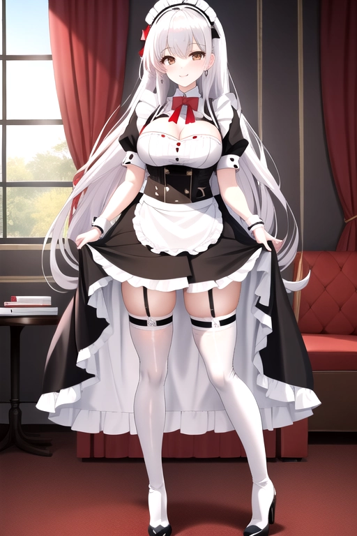 long hair, pale skin, white hair, brown eyes, black choker, giant H-cup breasts, wavy hair, maid uniform, smiling, full body photo, 28 years old, miniskirt, cleavage, high heels, red corset, 8k quality, red thigh high boots, in living room