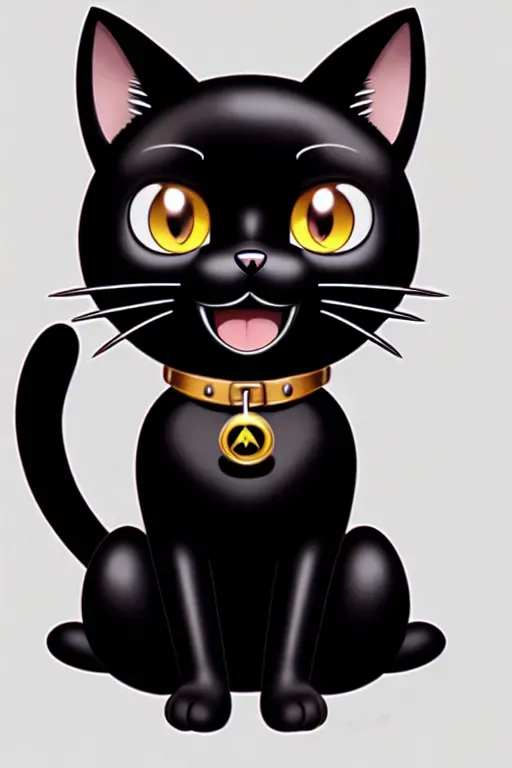 A drawing of a anthropomorphic black latex cat mascot, with a big round head, a drawn in grin and big round eyes, Its body is smooth and the latex seams are visible, Wearing a spiked latex collar around its neck