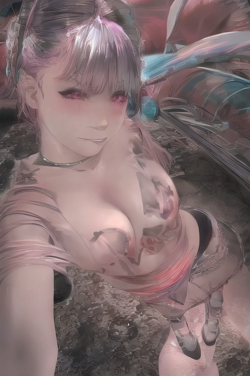 Sexy pop star emo girl with cat ears neon tattoos on a bed totally naked nude spreading her legs slutty medium boobs gothic decorated pink wet pussy cute feet blue hair pink nails no bra no panties blade runner aesthetic pretty face messy makeup the wind is blowing her frizzy wild crazy hair highly detailed masterpiece