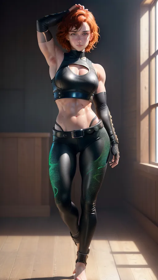 (((a highly detailed full body 8k photo of))), Short red hair, freckles, green eyes, serious face, black leather tank top, black leather pants, elbow length gloves, leather belt, 8k resolution, high definition, cinematic lighting, athletic body, smol, small breasts, photoshoot, flexing, perfect lighting, 8k digital photo, masterpiece, perfect lighting, 8k quality, ultra real skin texture, realistic hair, realistic skin, realistic eyes, detailed eyes, dilated pupils, accurate breasts, realistic, very realistic, ultra definition, ultra quality, (((ultra realistic))), (((artistic angle))), photorealistic, healthy, ultra realistic skin, realistic hair, pretty teeth, textured skin, ultra detail, lightly glistening with sweat, (face freckles), body freckles, pretty feet, pretty calves, pretty thighs, pretty abs, shaved legs, shaved armpits, ((perfect pretty face)), (accurate eyes), accurate teeth, accurate mouth, professional lighting, bokeh, ((accurate hair color)), (5 pretty toes on each foot), (five pretty fingers on each hand), (cute ears), detailed fingernails, detailed toenails