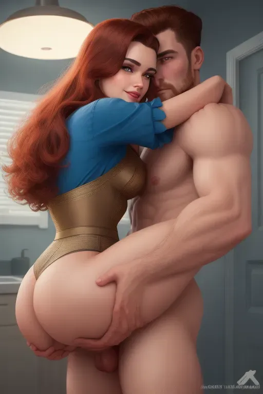 A 1950s housewife being held and fucked by a man, fair skin, braided brunette hair, dark eyebrows, blue seductive eyes, small nose, sharp cheekbones, soft cheeks, sharp chin, full lips, orgasm smile, tattered pink blouse, khaki skirt ripped off, thin figure, small breasts, thin thighs, round ass, submissive, being fucked by a redhead cop with a throbbing dick, red beard, muscles, tall, erect dick, vaginal sex, high definition, 4k quality, cinematic lighting, great shading, excellent detail, five fingers per hand, <lora:dpmg_carrying_sex:1>