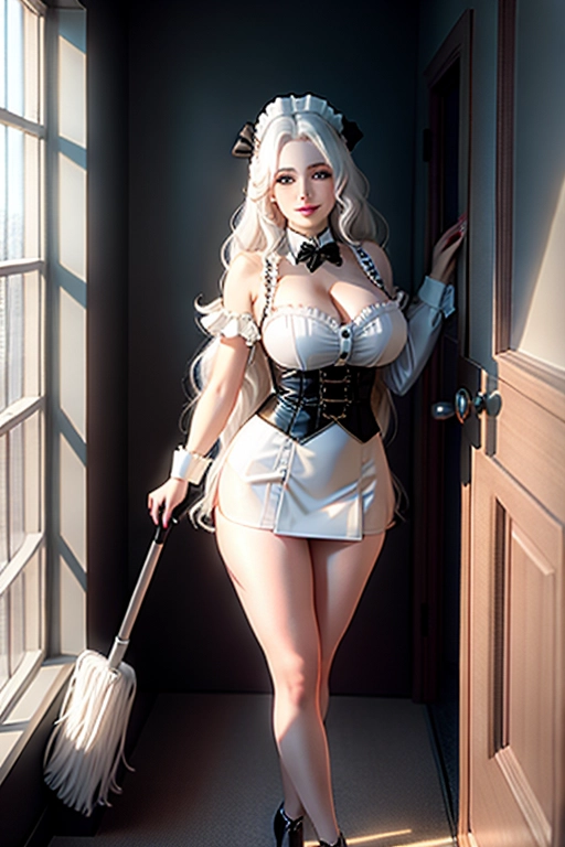 8k quality, green eyes, pale white skin, white hair, giant breasts, cleavage, looking at viewer, pov, long hair, wavy hair, full body photo, standing in room, smiling, black maid uniform, miniskirt, high heels, black knee high boots, black choker