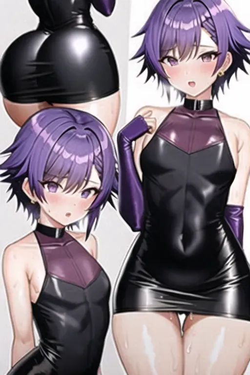 one boy, short purple hair, small breasts, skin tight dress, big thighs, big ass, bent over, sweaty