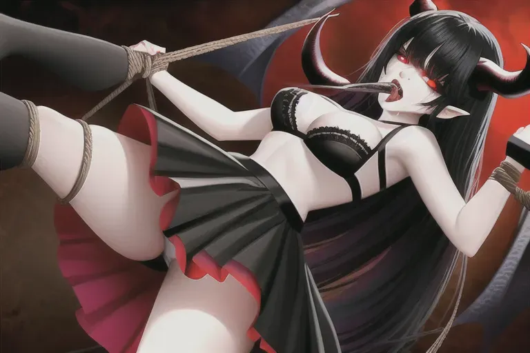 demon girl with medium breasts, long black hair, angel wings, demon wings, feathers, huge wings, black wings, wings behind the back, tied up, rope bondage, tied hands, ropes, short dress, short skirt, red skirt, red dress, horns on the head, rams horns, red eyes, glowing eyes, view from behind, upskirt, white panties under skirt, black bra, oral job, sucking dick, oral, facefuck, cum in mouth