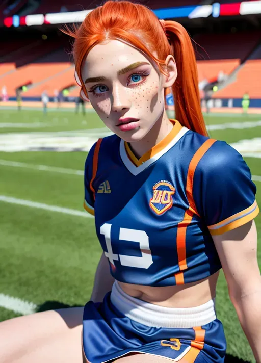 a highly detailed photo of, orange hair, blue eyes, freckles,pale skin, pigtail, ((detailed hair features)),((detailed facial features)),((detailed body features)),a highly detailed photo of, best quality, ultra-hd, 8k resolution, 18 years old, light skin, beautiful face, perfect body, big rounded eyes, beautiful red lips, inocent face, highly detailed face, curved eyebrows, inocent face, correct anatomy, 8k, insanely beautiful, ultrarealistic, five fingers per hand, non nunde,((detailed arms features)),(textured skin),((beautiful lips)),((highly detailed)),((8k resolution photo shot)),cheerleader outfit, skirt cheerleader, oppened legs, spreading legs, upskirt, at a football stadium, perfect body, small waist, full body, skinny body, at afternoon, cinematic lighting, long shot, wide shot, full shot