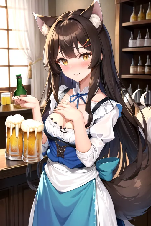 best quality, highres, ultra-detailed, wolf, wolf girl, wolf_ears, wolf_tail, only one tail, fluffy_ears, fluffy_tail, (((long tail))), (((darkbrown_hair))), yellow-brown_eyes, (((small_breasts))), smaller breasts, small boobs, (flat chest), upper_body, lower_body, cleavage, very_long_hair, (((detailed hands))), (((good hands))), perfect hands, beautiful hands, grandiose hands, preety hands, all fingers, soft hands, only two hands, 18, young aduld, highly detailed, wide shot, ((tavern)), (beer), medieval tavern, shelf with alcohol at background, alcohol, met, ale, ((tavern)), alcohol, pour out beer, adventurer outfit, well dressed, ((blue)) dress, long dress, detailed dress, white sleeves, elegantly dress, isekai, cute, innocent, blush, (((shy))), very shy, (happy), shy smile, standing (behind a counter), (((correct anatomy))), medieval, ((sfw)), safe for work, wide clothes, adventurer clothes, (((dirndl))), skirt, (((holding one jug of beer with one hand))), physical correct beer, one jug of beer, good beer, detailed beer