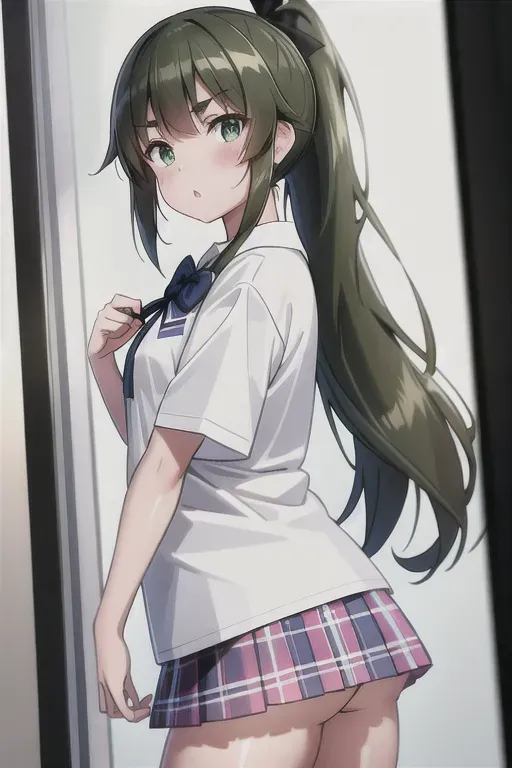 a photograph of cute green-eyed and brown-haired tween girl,wearing primary school blue plaid skirted uniform and obvious diaper,very small breasts,five slender fingers,long hair in a ponytail with a pink bow,beautiful face,beautiful lips,detailed large eyes,curved eyebrows,curved eyelid,textured skin,playful,calculating,cgsociety,cinematic lighting,sharp focus,editorial,8k