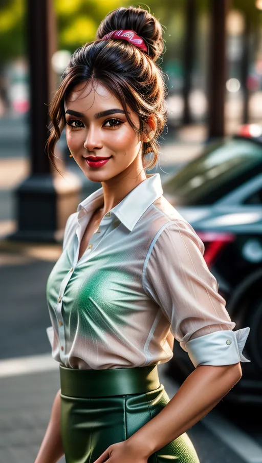 A high resolution photography of a beautiful Brazilian girl, tanned skin, small dark eyebrows, professional makeup, big round green eyes, high cheekbones, (smiling), ((dimples)) , a a long narrow nose, pouty red lips, long black eyelashes, her brown hair tied up in a classical bun,
wearing a short pencil skirt, wearing a classic business blouse,
ultra realistic detailed skin, realistic detailed hair, detailed glossy eyes, beautiful lips, detailed face, detailed textured skin, photorealistic, realistic detailed hair, pretty teeth, textured imperfect skin, sweating lightly, realistic pretty feet, (accurate realistic eyes), realistic teeth, realistic mouth, pubic hair, realistic skin color, realistic skin tone,realistic hair color, realistic hair tone,<lora:dpmg_add_detail:1>,
(8k RAW photo), (best quality), (masterpiece:1.3), (photo-realistic), hair highlighted, UHD, Nikon Z5, (50mm lens), f2.8, sharp focus, tack sharp, dof, film grain, Fujifilm XT3, (bokeh), subsurface scattering, volumetric lighting, focused, dynamic pose, dramatic angle, dramatic lighting, cinematic composition, HDR, (highest quality:1.8), highest resolution, (photo-realistic:1.72)
--s 200 --v 5.2
