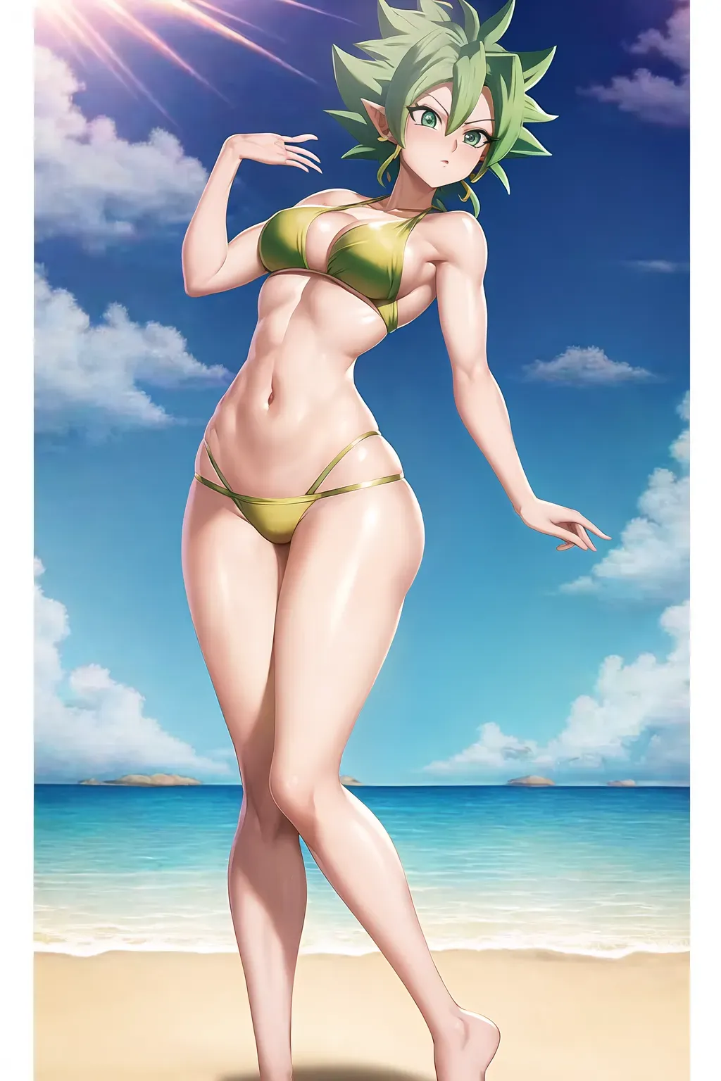 Dopamine Girl - Kefla from dragon ball super, anime, bikini, female, short  green hair, small breasts, detailed eyes, 8k wallpaper, best quality, ultra  hd, global lighting, hi-resolution, high quality, at the beach