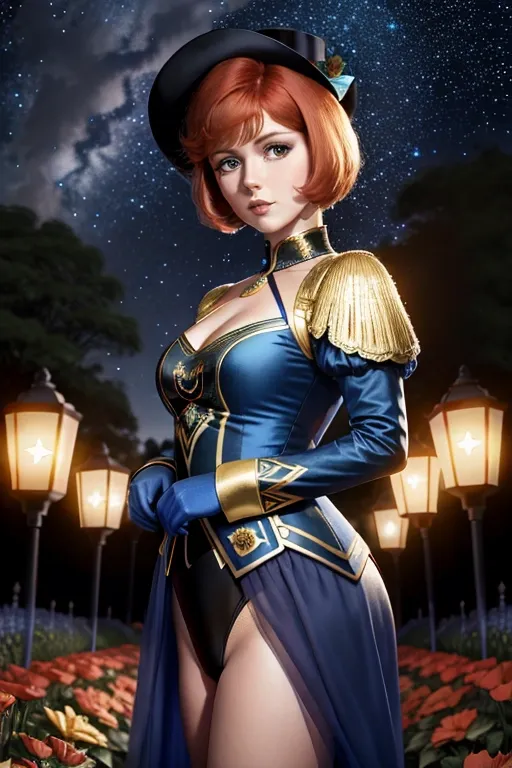 Colour picture of a young Cilla Black in a flower garden at night, starry sky, lit by lanterns, elaborate blue and gold patterned leotard, beautiful face, standing, fit, highly detailed, correct human anatomy, looking at viewer, front, closeup,
