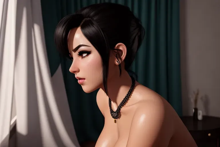 a digital art,Bulma,natural breasts,five fingers per hand,wavy curtain bang,beautiful face,beautiful lips,black eyes,curved eyebrows,erotic,wearing necklace,professional,cinematic lighting,cgsociety,artstation,8k,