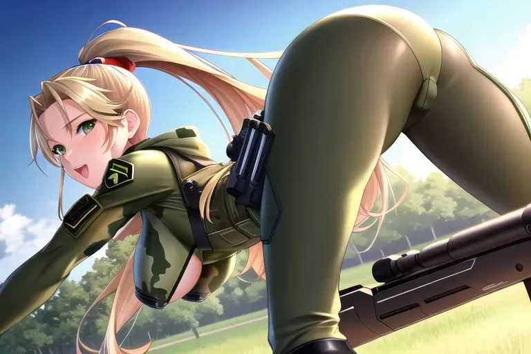 CG ART, cammy, camouflage color, sniper, focus on butt, pretty face, green eyes, army base, afternoon, highly detailed, shiny body, shiny hair, medium boobs, blonde hair, no underwear, round butt, sexy body