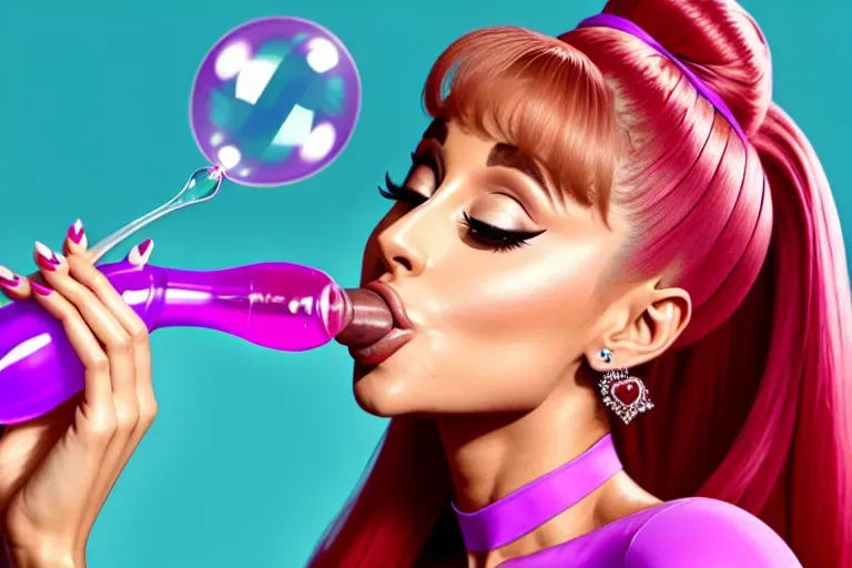 ariana grande edging a dick and looking at the camera and blowing bubbles with cum