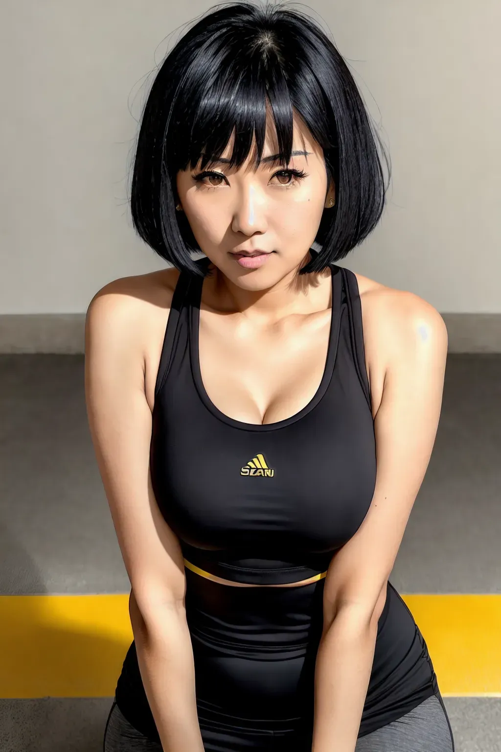 best quality, smooth skin, short black hair, blunt bangs, black hair with blunt bangs, motherly expression, St Louis silver dress, St Louis Azur Lane, large breasts, Japanese girl, Asian girl, small woman, milf, sports bra, black leggings, yellow sports bra, yellow and black clothes, leggings, yoga pants,
